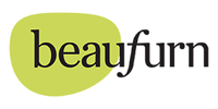 Beaufurn logo: Black text on a light green oval, with the word 