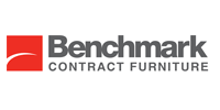 Logo for Benchmark Contract Furniture. Red square with white arc, dark grey text.
