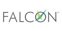Falcon logo: gray text with a graphic of green and blue lines in a circle, and 