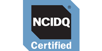 NCIDQ Certified logo, black text on black background, blue border.