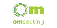 Logo for OM Seating: green text with a spiral circle above the letter 