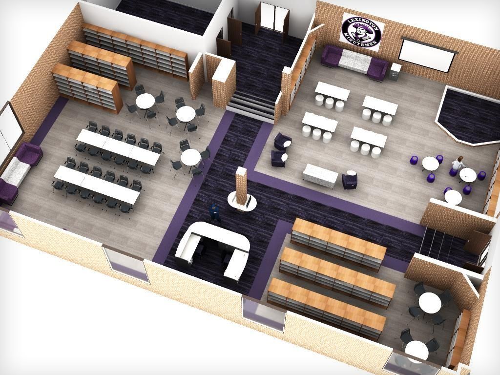 3D rendering of a modern library with seating areas, bookshelves, and a purple and white color scheme.