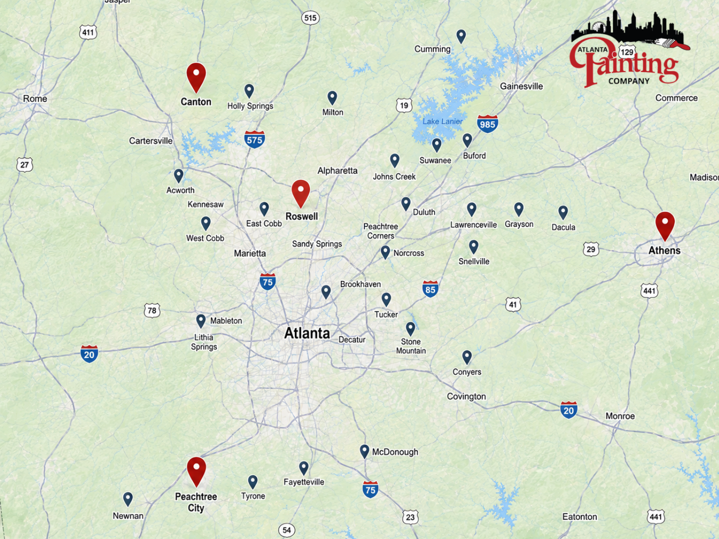 Map of Atlanta with multiple red location pins and highway markers, showing nearby places and roads