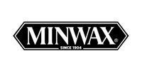 Minwax logo, black text in a black and white shield shape,