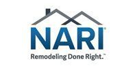 Logo of NARI, a remodeling organization. Blue letters under a gray roof outline. Text reads: