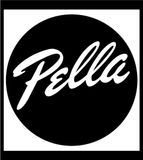 A black and white logo with the word pella in a circle.