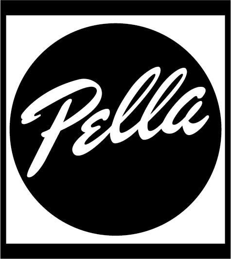 A black and white logo with the word pella in a circle.