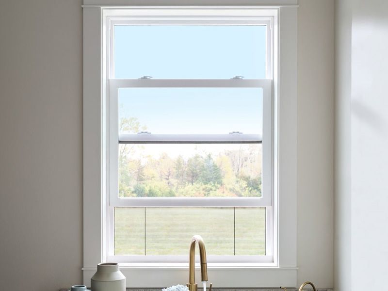 A kitchen with a sink and a window with a view of a field.