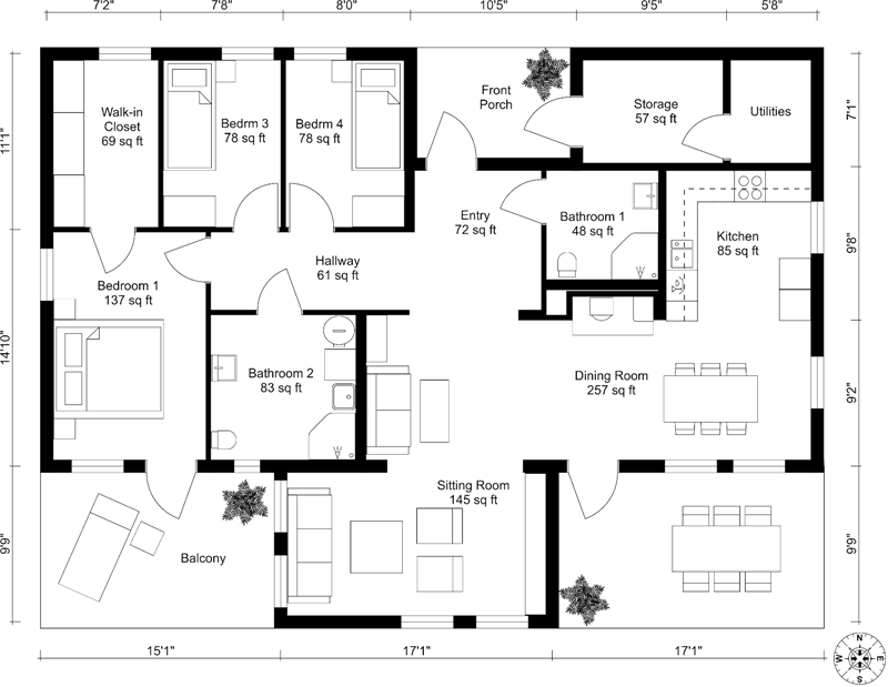 Floor plan of a house with various rooms labeled, including bedrooms, living areas, and kitchen.