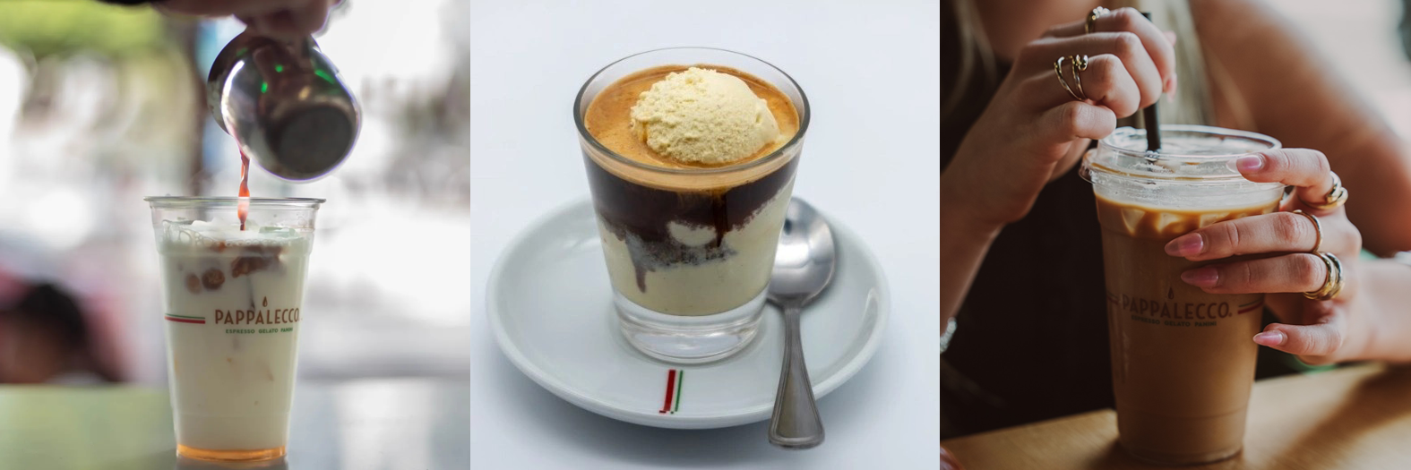 Three coffee drinks: one being poured, one with ice cream, and one being stirred with a straw.