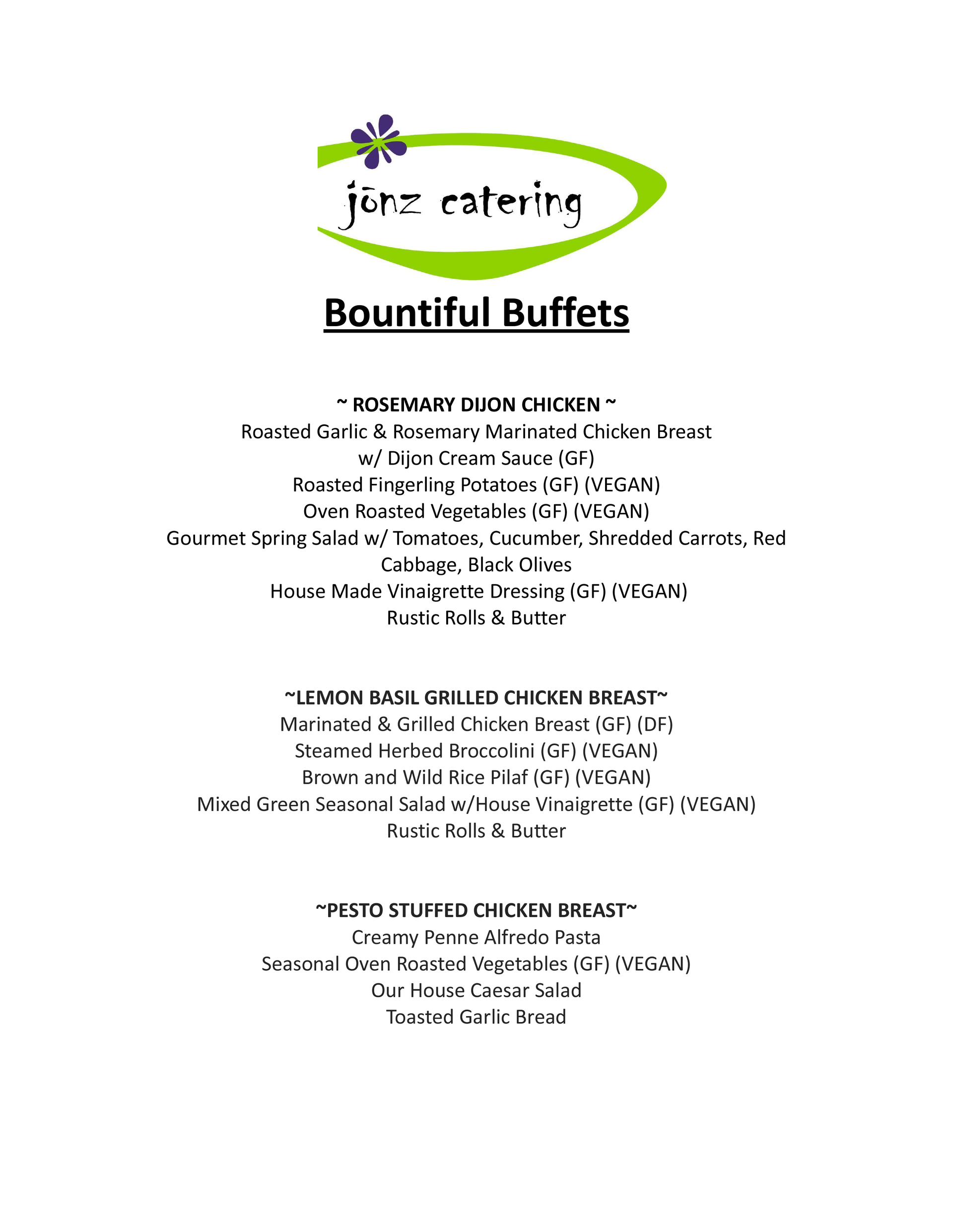 Menu for Jonz Catering.  Includes various chicken dishes.