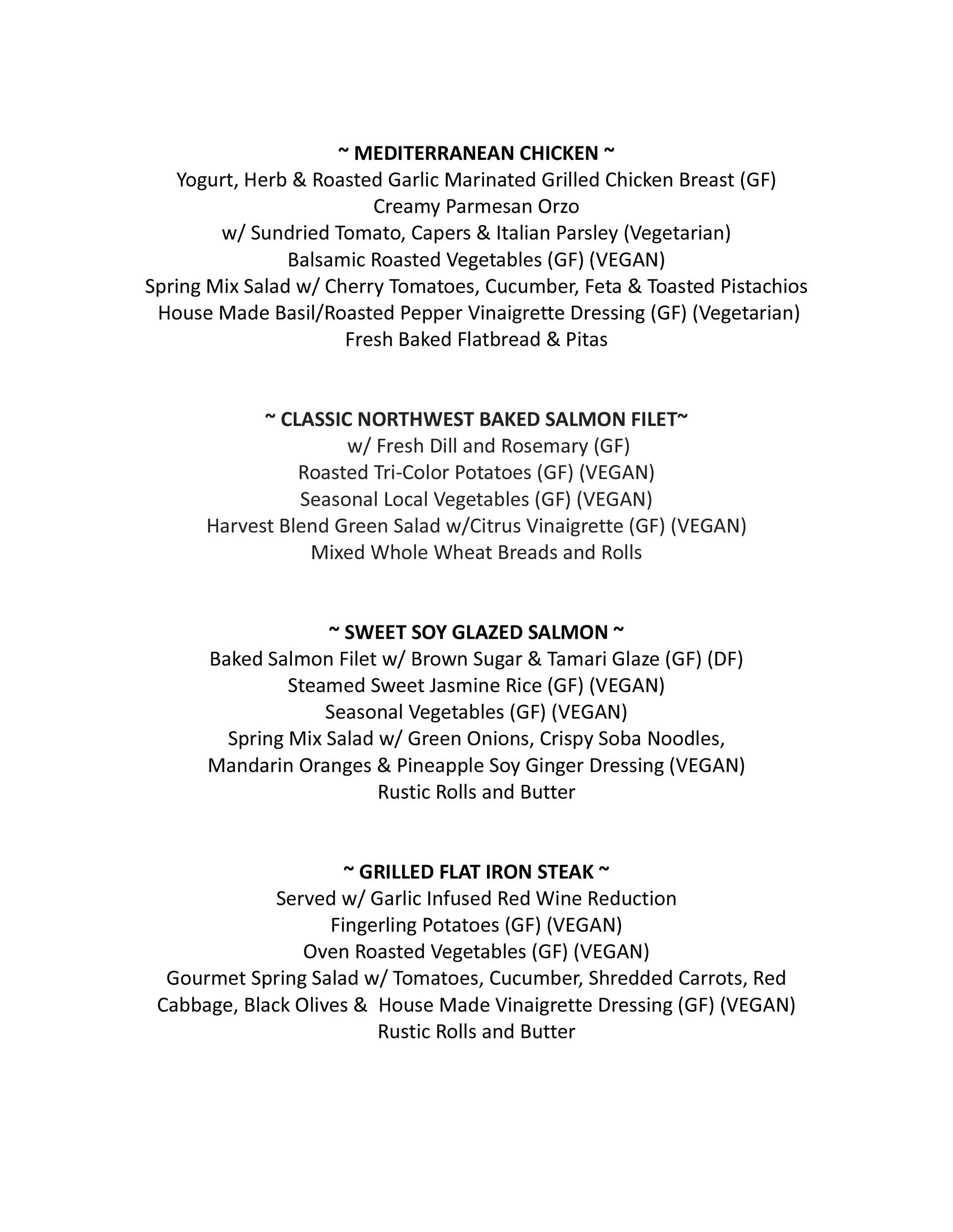 Chicken, fish, and steak menu items.