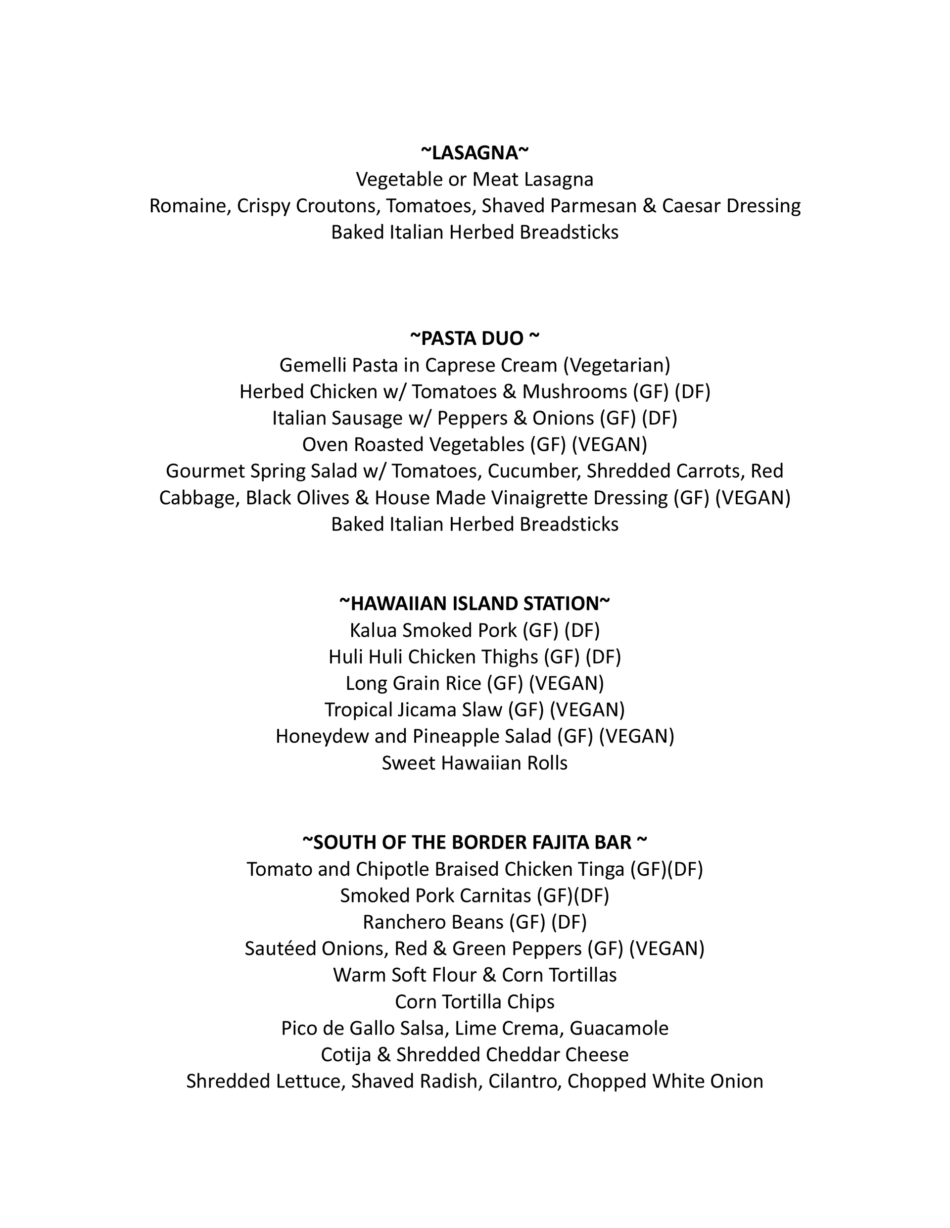 Menu with four sections: Lasagna, Pasta Duo, Hawaiian Island Station, and South of the Border Fajita Bar.