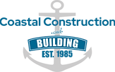 Logo for Coastal Construction: a light grey anchor behind a blue banner with the text