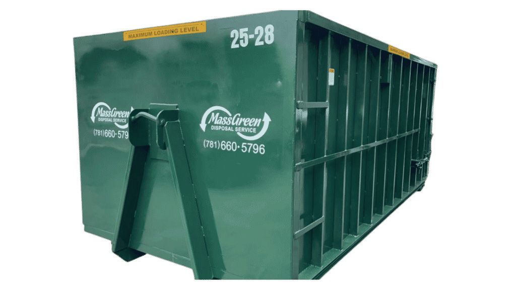 A green dumpster with the number 25-28 on it