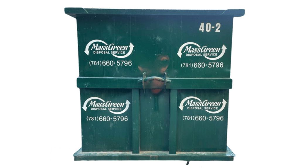 A green dumpster with the number 40-2 on it