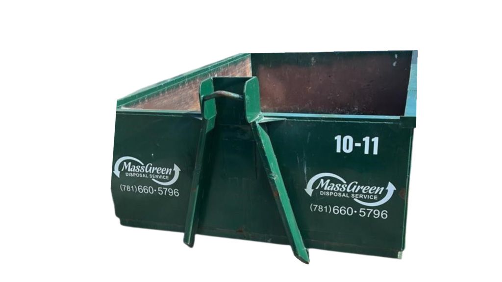 A green dumpster with the number 10-11 on it.