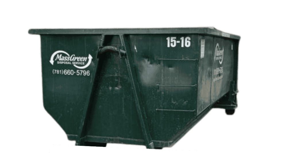 A large green dumpster with the number 15-16 on it.