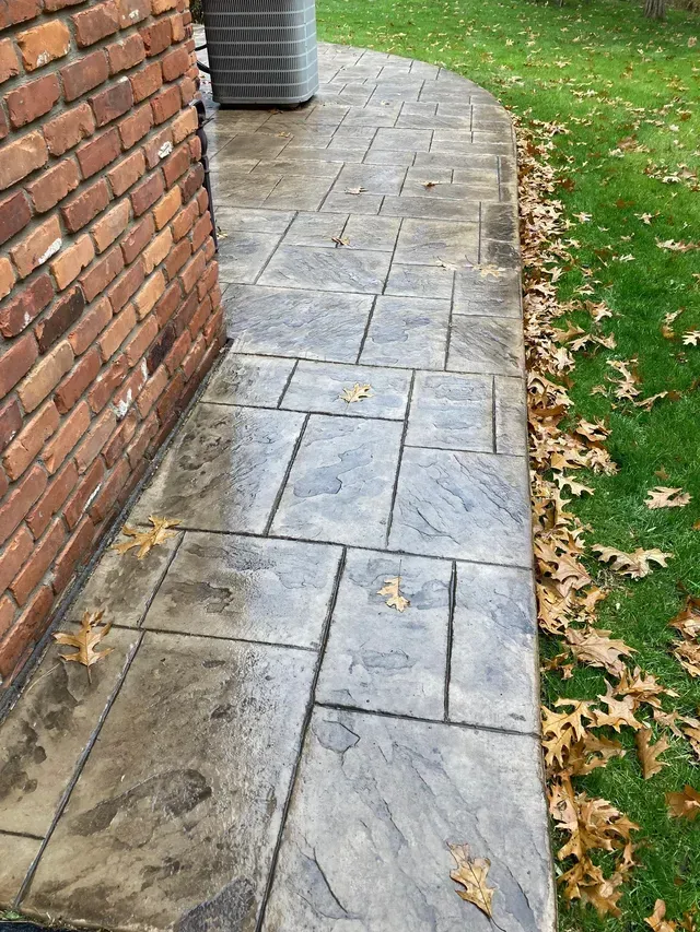 A sidewalk next to a brick wall with leaves on it.