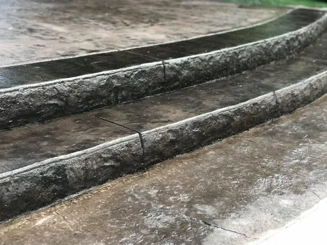 A close up of a set of concrete steps on a patio.