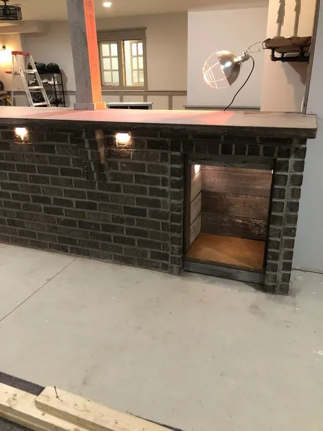 A brick wall with a door in it in a basement.