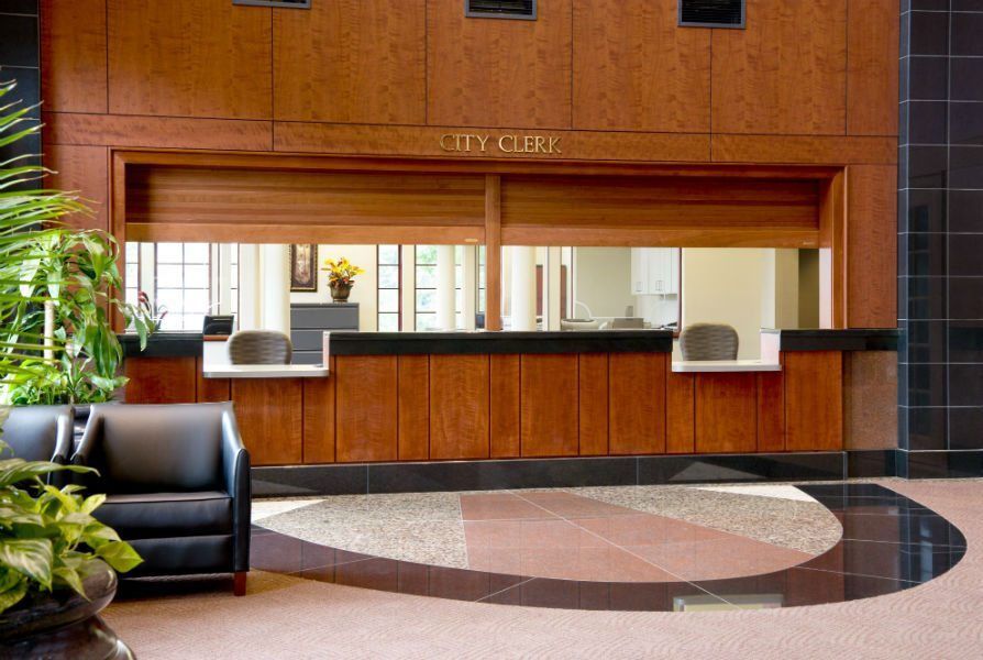 A lobby with a roll-up doors