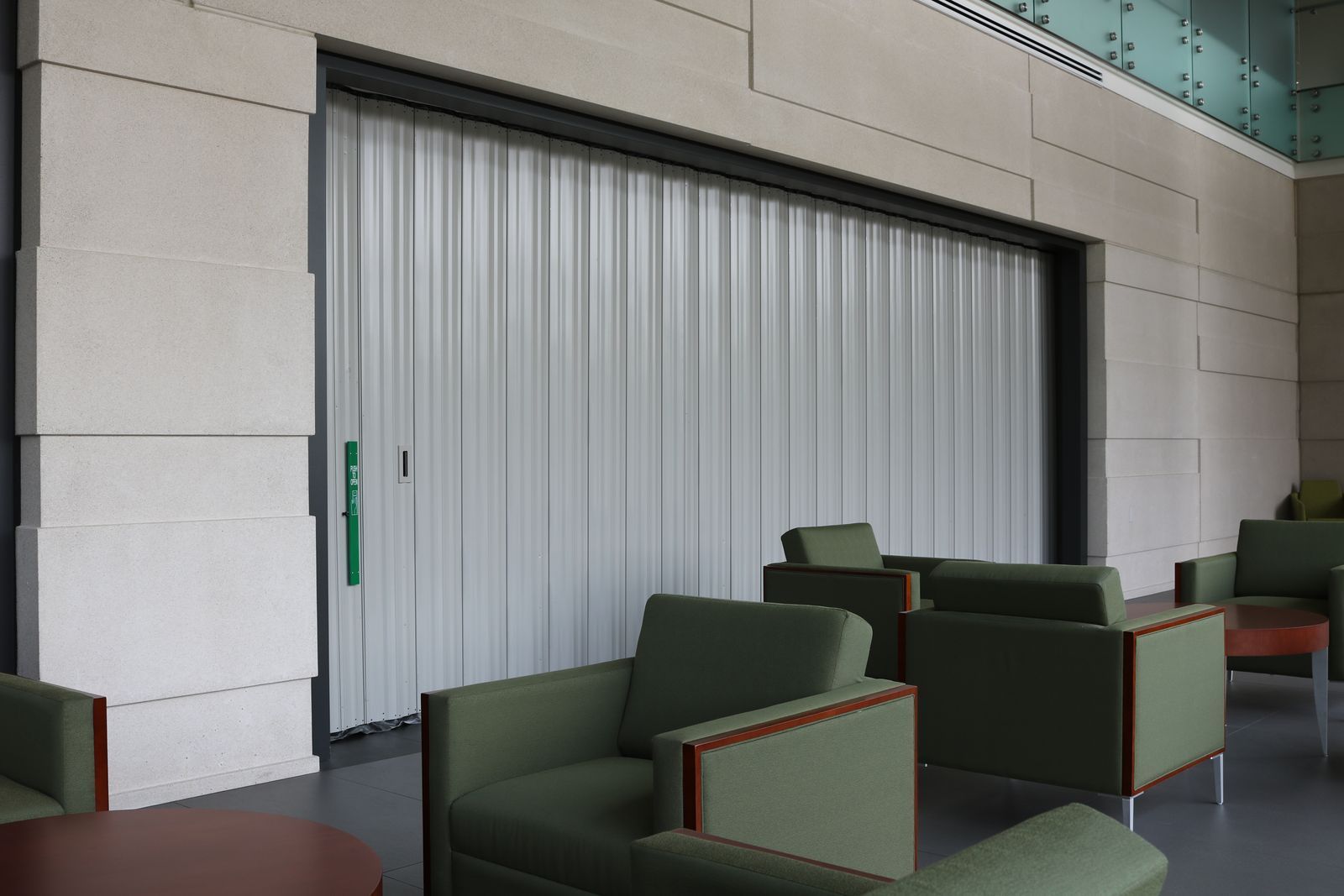 Accordion-style fire door in a lobby