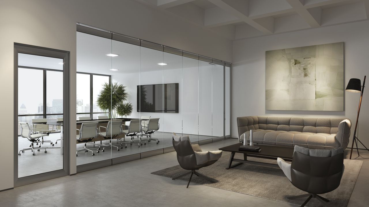 Glass sliding walls dividing a room