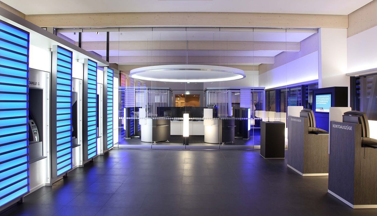 A large room with a lot of blue lights on the walls