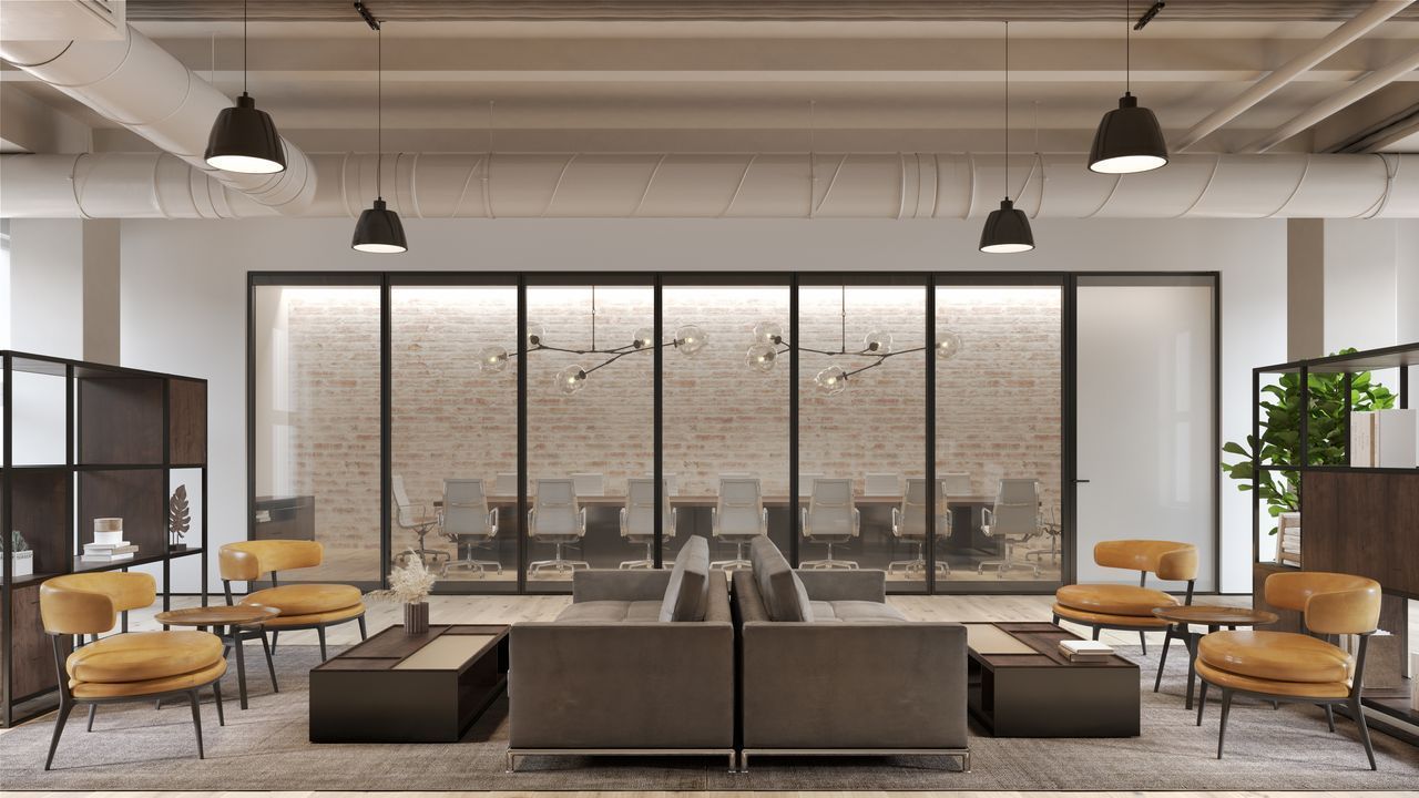 Office room with glass wall divider