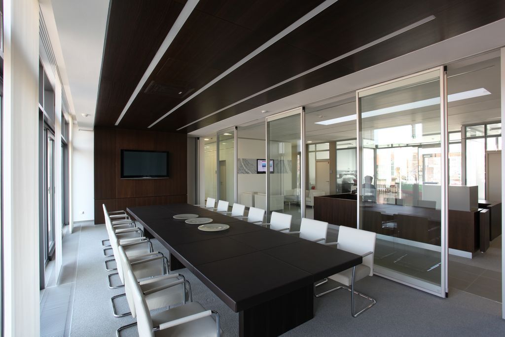 A conference room with sliding walls