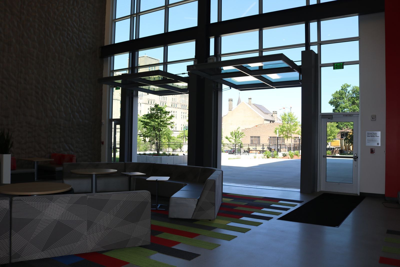 Lobby next to a huge glass doors