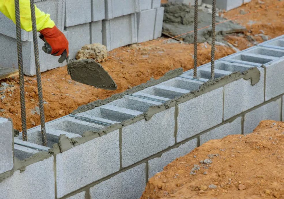 A construction worker is laying concrete on a brick wall.