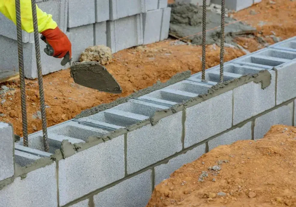 A construction worker is laying concrete on a brick wall.