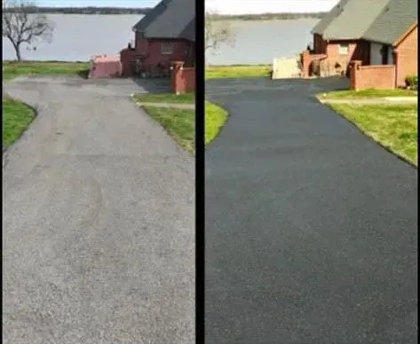 A before and after picture of a driveway with a house in the background.