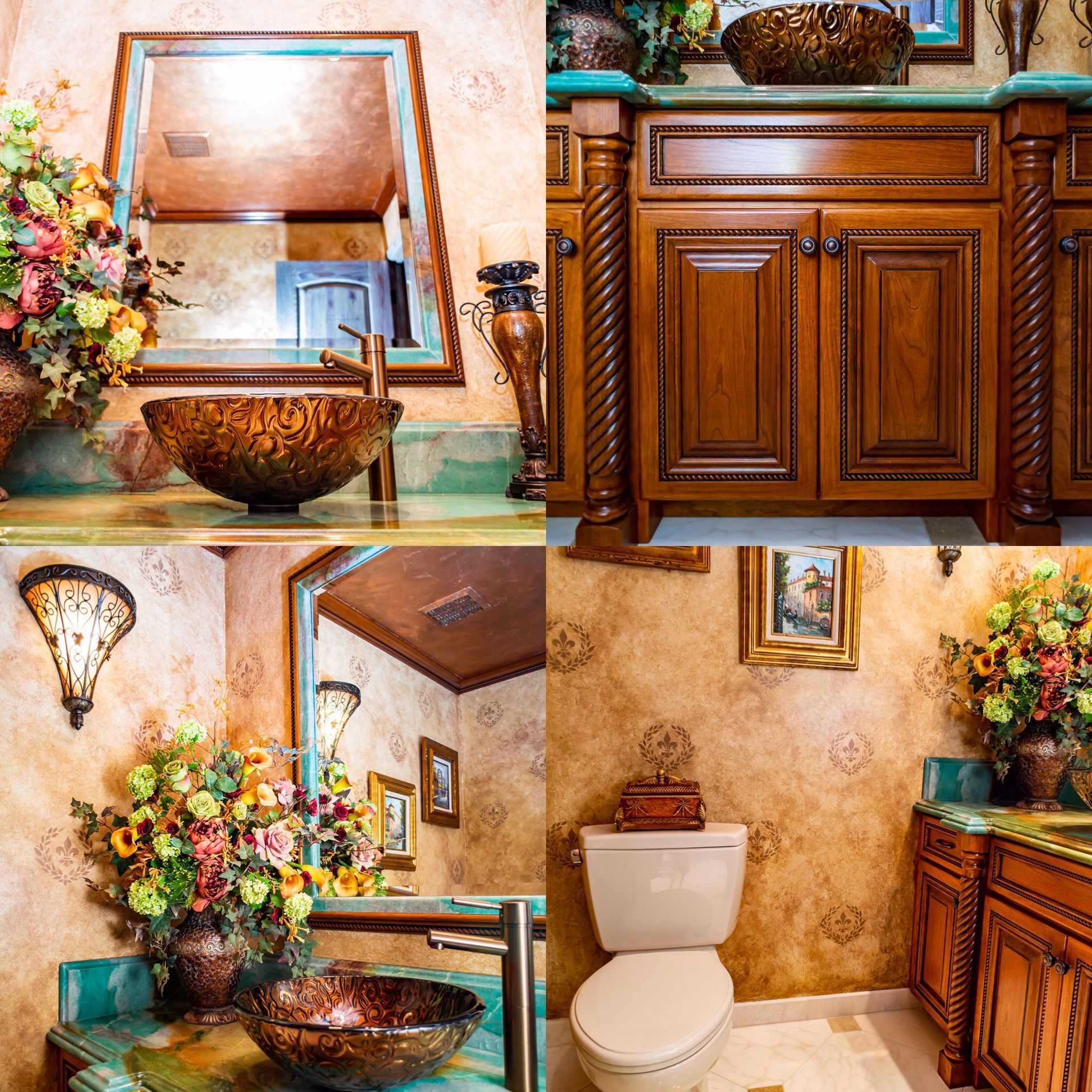 Collage photo of a warm-toned bathroom.