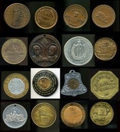Collection of various metal coins and tokens.