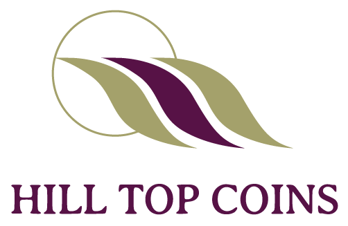 Logo of Hill Top Coins: Abstract design with three flowing shapes and a circle, in shades of gold and purple.