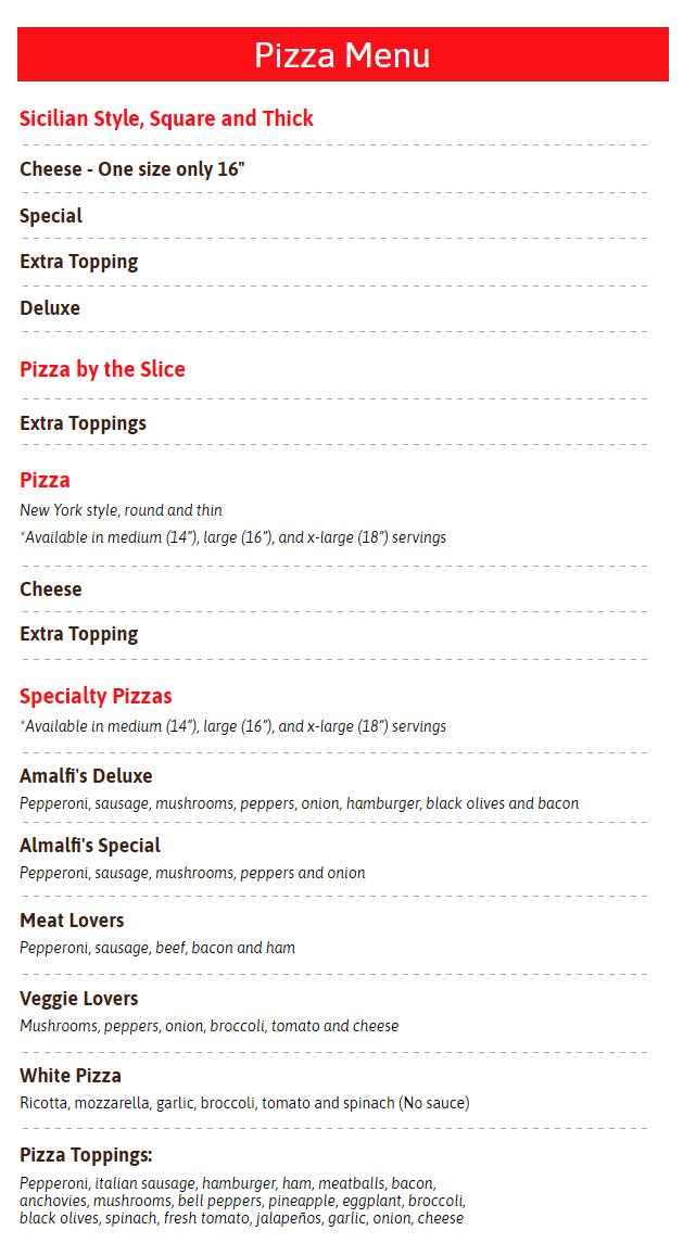 Amalfi menu deals