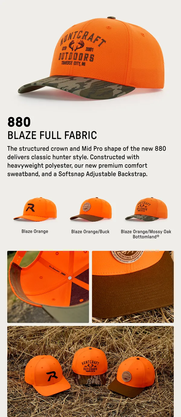 Orange camo blaze full fabric hunting cap with product photos showing front, side, and back views