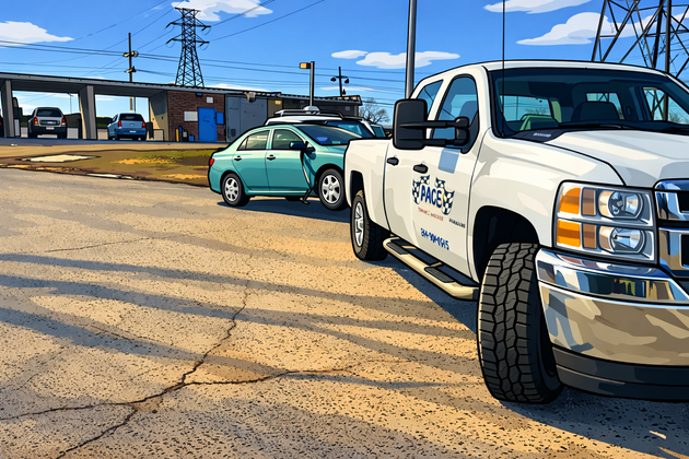 White Pace's Towing truck with blue lettering parked next to a red dump truck in front of a garage.