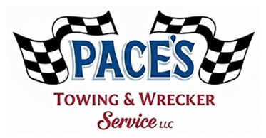 Logo for Pace's Towing & Wrecker Service LLC, blue text with checkered flag design.