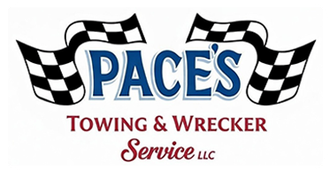 Logo for Pace's Towing & Wrecker Service LLC, blue text with checkered flag design.