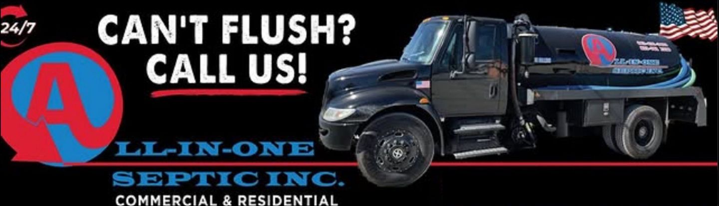 A septic truck is parked in front of a sign that says `` can 't flush ? call us ! ''