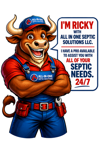 A bull mascot wearing a blue cap and overalls stands with arms crossed next to a text bubble advertising septic services