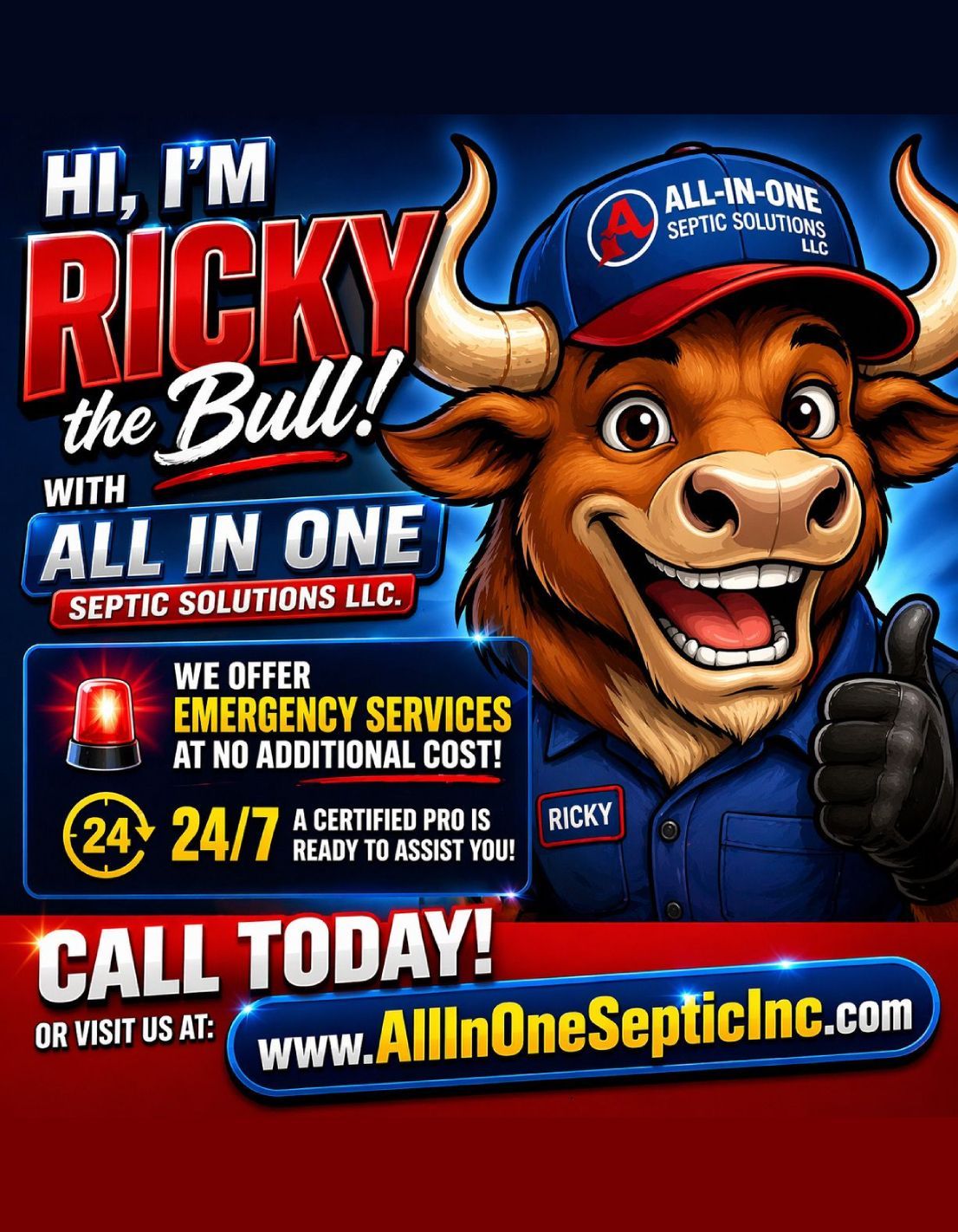 A cartoon bull wearing a work cap and shirt gives a thumbs-up, promoting 24/7 emergency septic services.