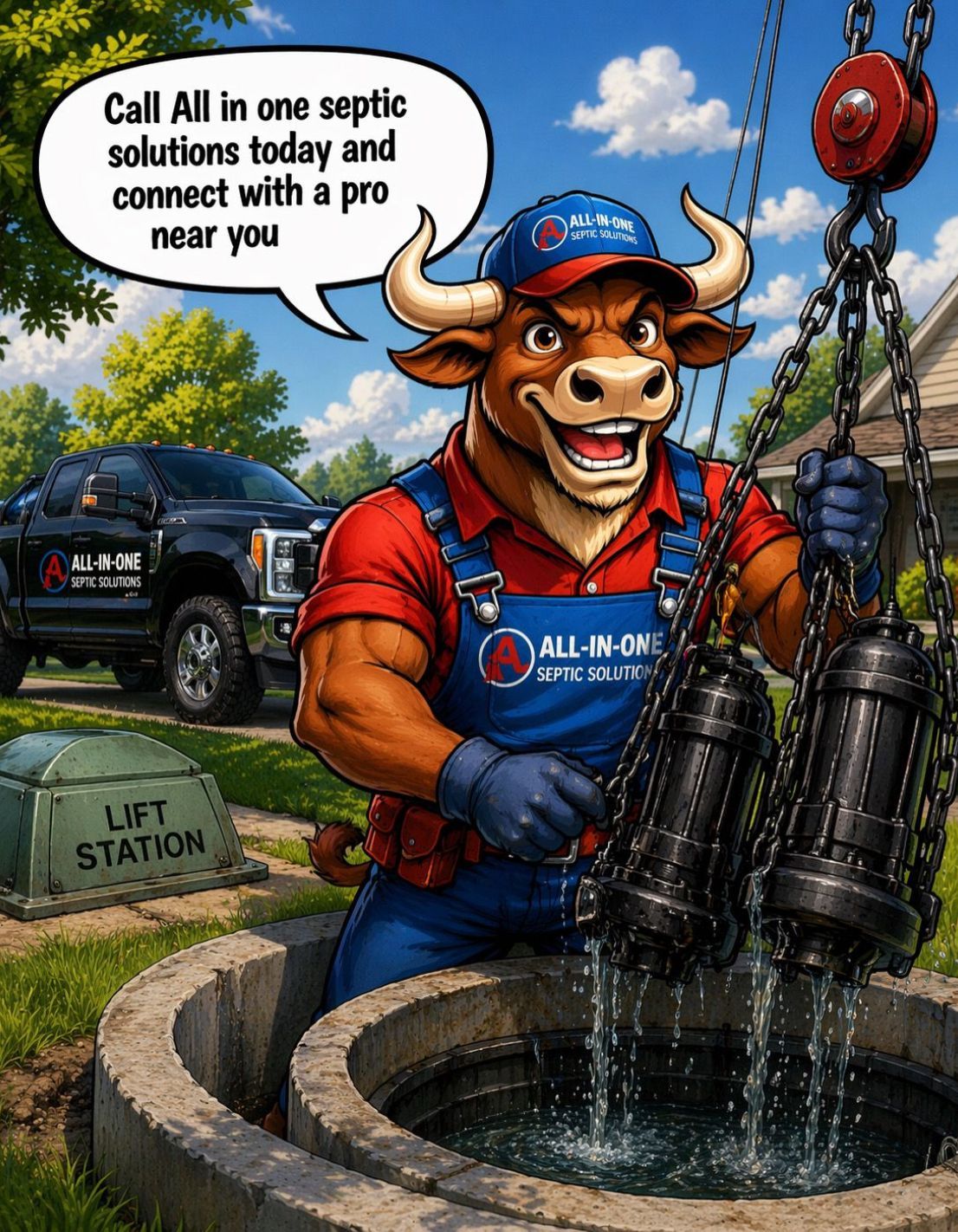 An anthropomorphic bull in work clothes pulls pump equipment from a septic hole, with a service truck in the background.