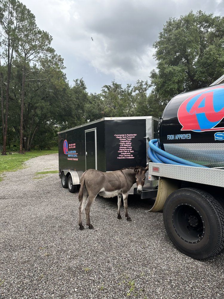 A donkey is standing next to a trailer and a truck.