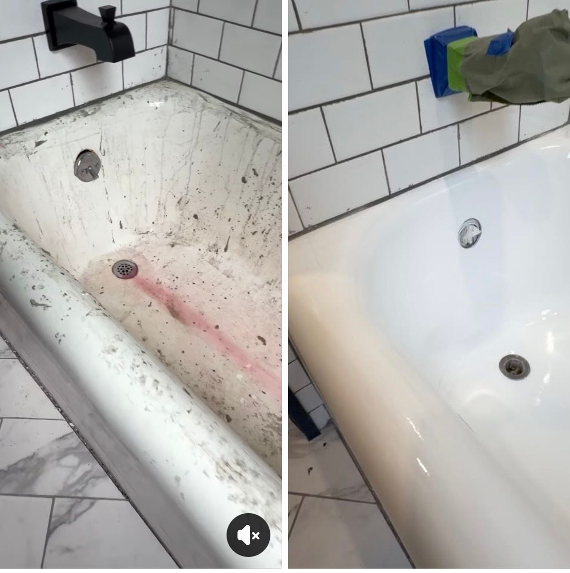 Side-by-side bathtub before and after cleaning, showing a dirty tub and a clean white tub.