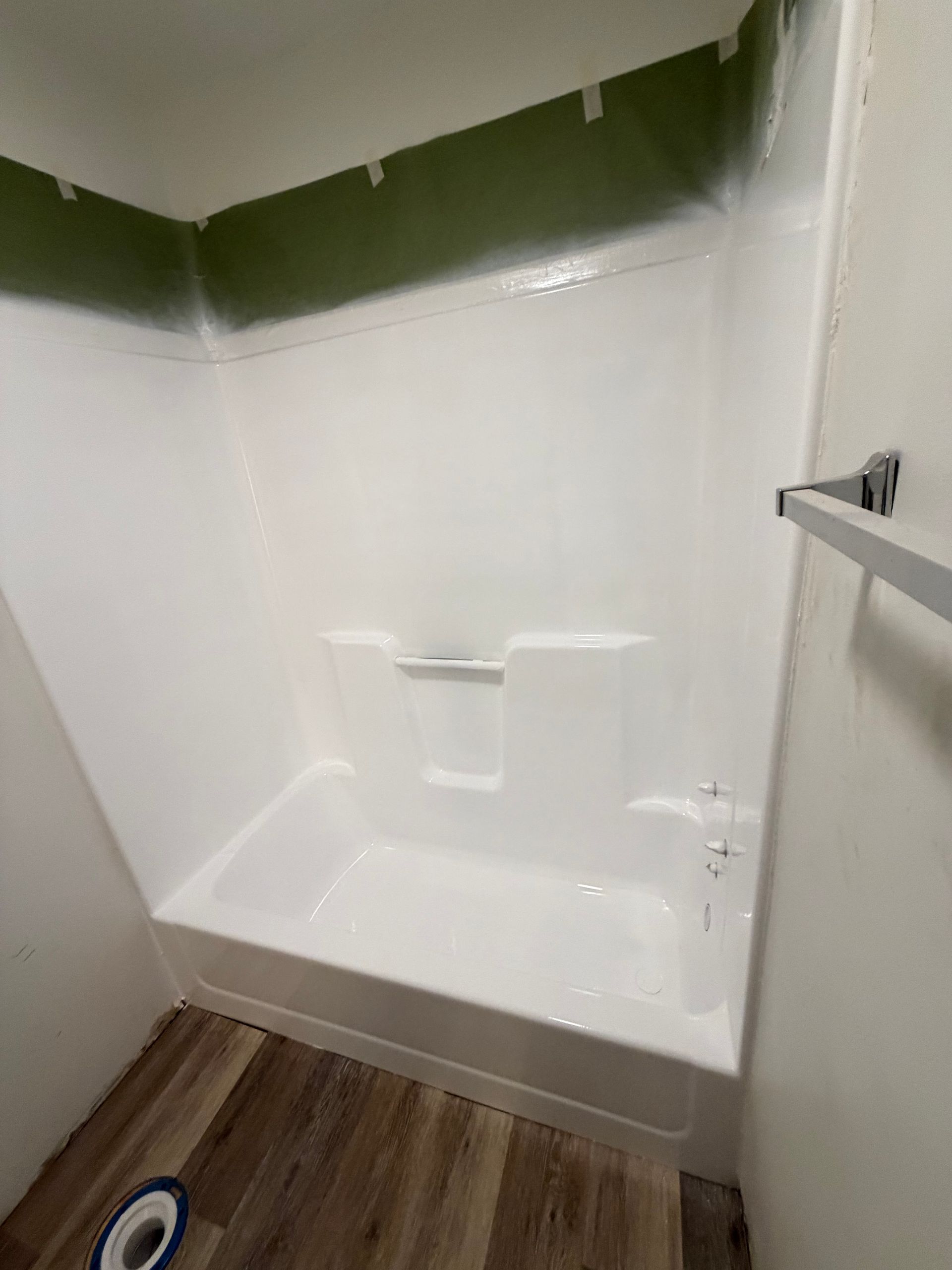 Empty white walk-in shower with green upper walls and wood-look flooring outside the stall.